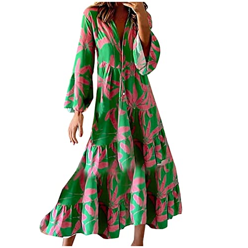 tsaChick Damen Blumen Sommerkleid Lose Casual Boho Kleid Maxikleid S-3XL Kurzarm Hohe Taille V Ausschnitt Kleid Elegant Freizeitkleid für Hochzeitsgäste Strandkleider Langarmkleid Blumenkleider von tsaChick