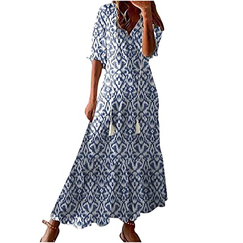 tsaChick Damen Blumen Sommerkleid Lose Casual Boho Kleid Maxikleid S-3XL Kurzarm Hohe Taille V Ausschnitt Kleid Elegant Freizeitkleid für Hochzeitsgäste Strandkleider Langarmkleid Blumenkleider von tsaChick