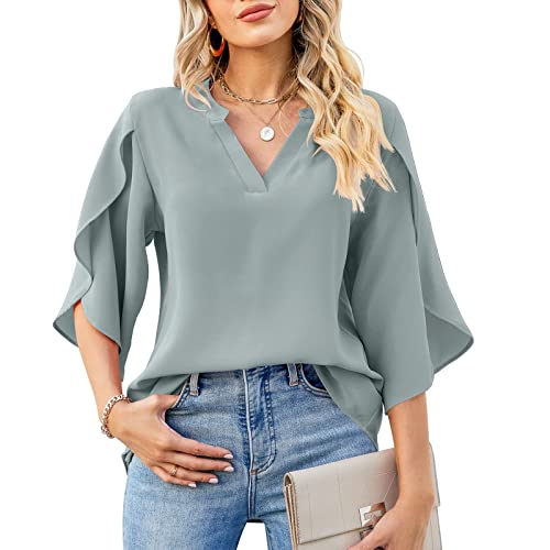 tsaChick Damen Bluse Lang Blütenblatt-Ärmel Einfarbig Blusen & Tuniken Für Damen Kurzarm V-Ausschnitt Tshirt Damen Elegant Halbe Ärmel Slim Damen Oberteile Kurz Leichtgewichtig Tops Teenager Mädchen von tsaChick