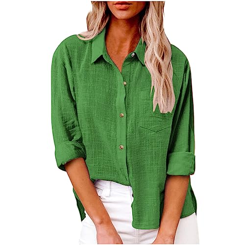 tsaChick Damen-Bluse aus Leinen mit 3/4-Ärmeln Rundhalsausschnitt Sommer-Freizeitoberteil lockere Passform Green 109 XL 40 von tsaChick