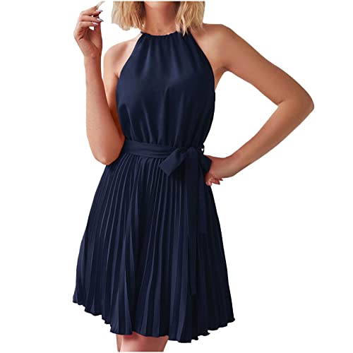 tsaChick Damen Elegantes Cocktailkleid Hängender Halsausschnitt Taillengürtel Plissiertes Minikleid Partykleid Ärmellos Sexy Rückenfreies Abendkleid Graduierungskleid Frauen Mädchen Umstandskleider von tsaChick