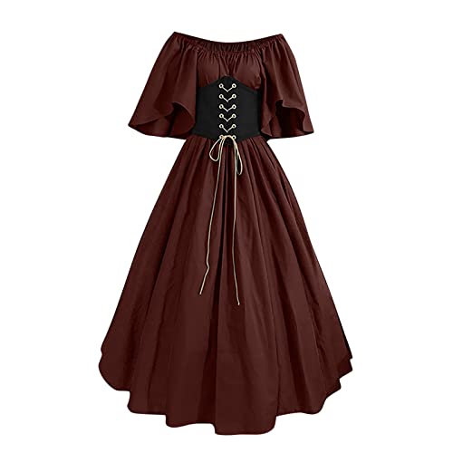 tsaChick Damen Kleid Kurzarm Mittelalter Kleid Cosplay Dress Mittelalter Kleidung Große Größen Renaissance Kostüm Kurzarm One-Shoulder-Kleid S-5XL, Mittelalter Kleidung Damen Korsett, Wine, M von tsaChick