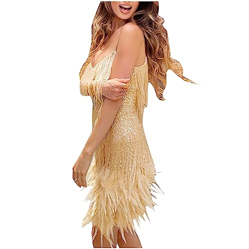 tsaChick Damen Kleid Minikleid Cocktail Partykleid Rückenfrei Abendkleid Schößchen Gold XL 40 von tsaChick