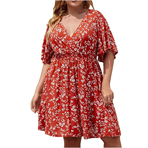 tsaChick Damen Kleider Große Größen Sommerkleider Elegant Boho Blumen Druck Kleider Kurzarm Lang Kleid Frauen Sommer V-Ausschnitt Strandkleid Abendkleider Freizeitkleider Red XXXXXL 48 von tsaChick