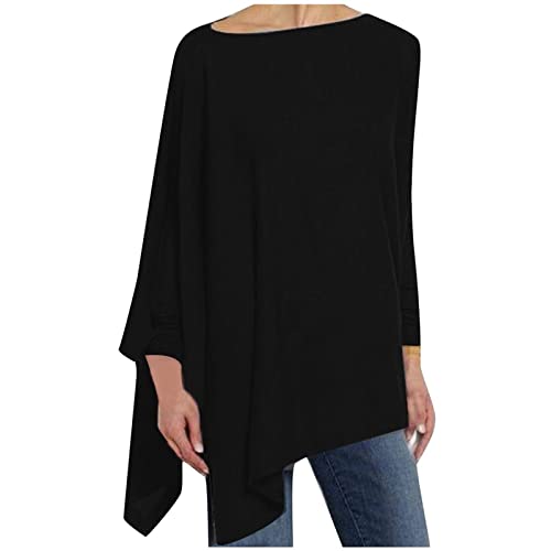 tsaChick Damen Langarmshirt Loose Einfarbige Langarm Hemd Women Tunika Rundkragen Schwarzes Langarmshirt Damen Pull On Großer Asymmetrisch Saum T-Shirts für Schwangere Elegante T-Shirts LTA37 von tsaChick