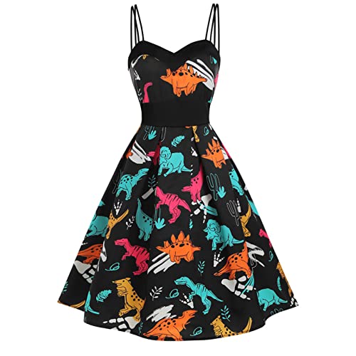 tsaChick Damen Mode Cami Abendkleid 2023 ärmelloses Partykleid mit hoher Taille und weitem Rock Rockabilly Neues Cartoon Dinosaurier Muster Print Neckholder Kleid Ballkleid Mädchen Umstandskleider von tsaChick