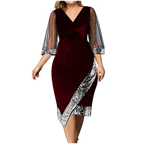 tsaChick Damen Mode Halbe Ärmel Abendkleider S-5XL 2023 Mesh Pailletten Kurzarm V-Ausschnitt Taille Midi Langes Wickelkleid Partykleid Neu Unregelmäßiger Saum Abschlusskleid Elegant Ballkleid von tsaChick