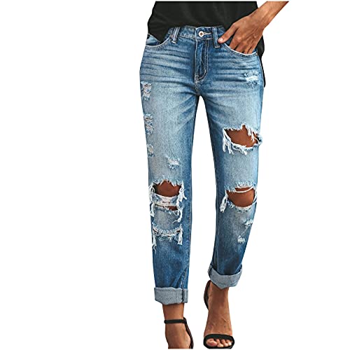 tsaChick Damen Mode hohe Taille Tasche solide Casual Straight-Leg Pants Hole Jeans 3969 Blue 38 von tsaChick