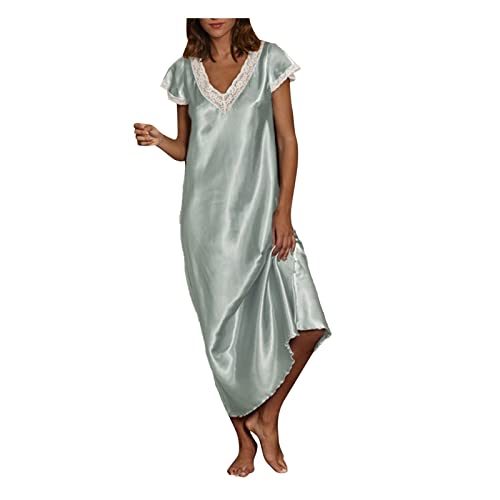 Damen Nachthemd V-Ausschnitt Spitze Langes Nachtwäsche S-5XL Satin Übergröße Loungewear Homewear Pyjamas Langes Kleid Kurzarm Oversize Sleepshirt Schlafshirt Schlafanzug Nachtkleid von tsaChick