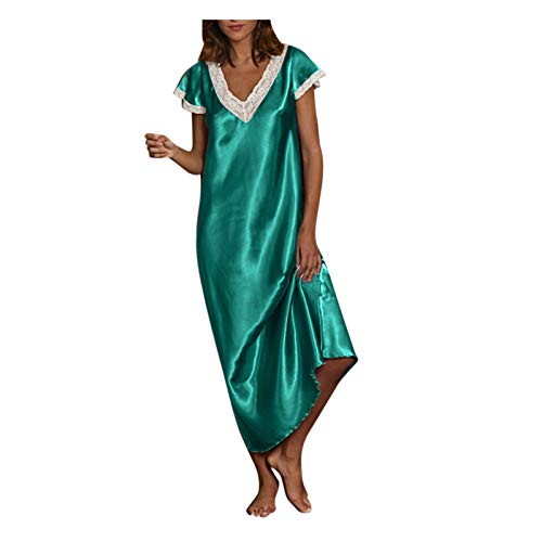 tsaChick Damen Nachthemd V-Ausschnitt Spitze Langes Nachtwäsche S-5XL Satin Übergröße Loungewear Homewear Pyjamas Langes Kleid Kurzarm Oversize Sleepshirt Schlafshirt Schlafanzug Nachtkleid von tsaChick