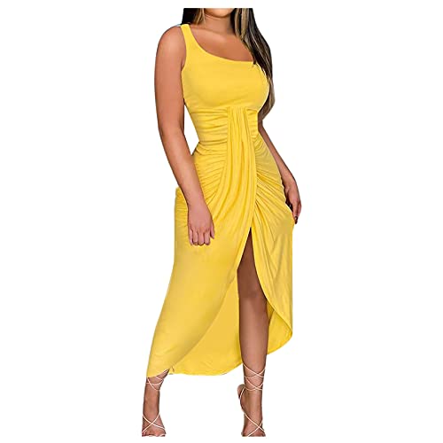 tsaChick Damen Off Shoulder Split Satin Kleid Wrap Ärmellos Gürtel Cocktail Maxi Kleider Damen One Shoulder High Split Ärmellos Rüschen Sexy Cocktail Maxi Langes Kleid 2023 Sommer von tsaChick