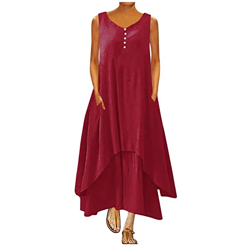 tsaChick Damen Sommerkleid Ärmelloses Leinenkleid mit Taschen S-5XL Solide Baumwolle Leinen langes Kleid Rundhals Knopf verschönert Tank Kleid Knöchellanges A-Linien Kleid Frauen Umstandskleider von tsaChick