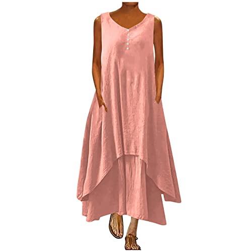 tsaChick Damen Sommerkleid Ärmelloses Leinenkleid mit Taschen S-5XL Solide Baumwolle Leinen langes Kleid Rundhals Knopf verschönert Tank Kleid Knöchellanges A-Linien Kleid Frauen Umstandskleider von tsaChick