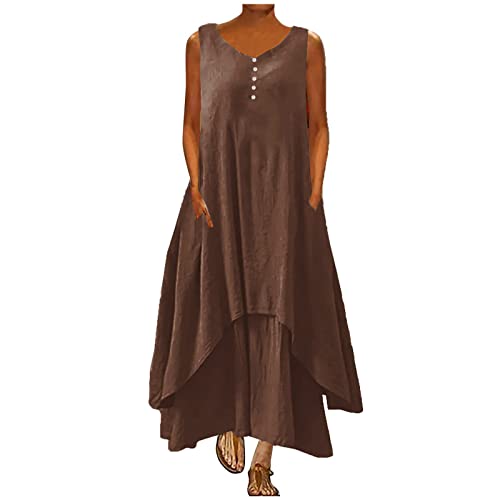 tsaChick Damen Sommerkleid Ärmelloses Leinenkleid mit Taschen S-5XL Solide Baumwolle Leinen langes Kleid Rundhals Knopf verschönert Tank Kleid Knöchellanges A-Linien Kleid Frauen Umstandskleider von tsaChick
