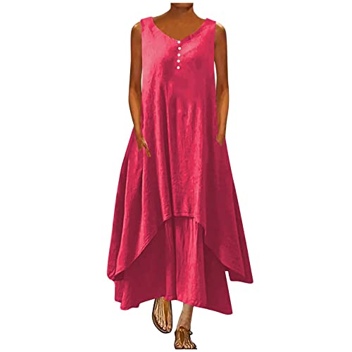 tsaChick Damen Sommerkleid Ärmelloses Leinenkleid mit Taschen S-5XL Solide Baumwolle Leinen langes Kleid Rundhals Knopf verschönert Tank Kleid Knöchellanges A-Linien Kleid Frauen Umstandskleider von tsaChick
