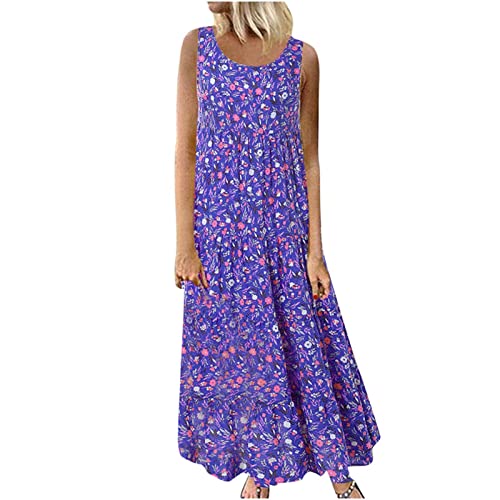 tsaChick Damen Sommerkleid Ärmelloses böhmisches Maxikleid S-3XL Rundhalsausschnitt Lässig Knöchellang Freizeitkleid Blumenkleid Tank Kleid Strandkleid Frauen Mädchen Umstandskleider von tsaChick