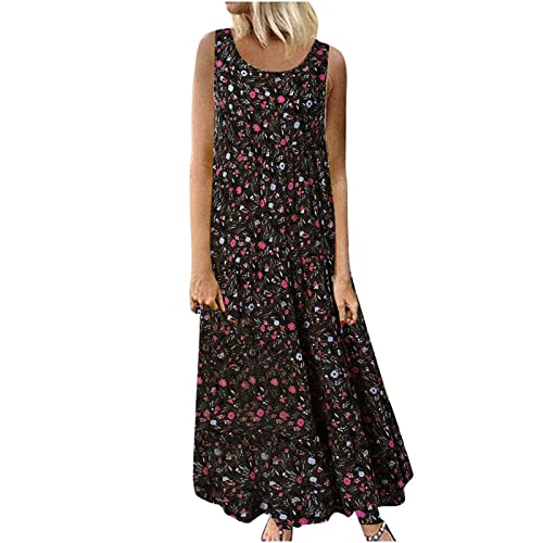 tsaChick Damen Sommerkleid Ärmelloses böhmisches Maxikleid S-3XL Rundhalsausschnitt Lässig Knöchellang Freizeitkleid Blumenkleid Tank Kleid Strandkleid Frauen Mädchen Umstandskleider von tsaChick