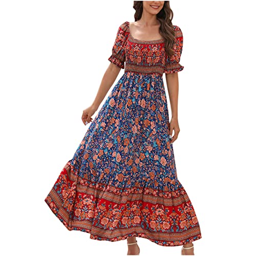 tsaChick Damen Sommerkleid Kurzarm Boho Kleid Hohe Taille U-Ausschnitt Blumen Druck Maxikleid Knöchellanges Strandkleid Freizeitkleider Halbarm Blasenförmige Ärmel Frauen Mädchen Umstandskleider von tsaChick
