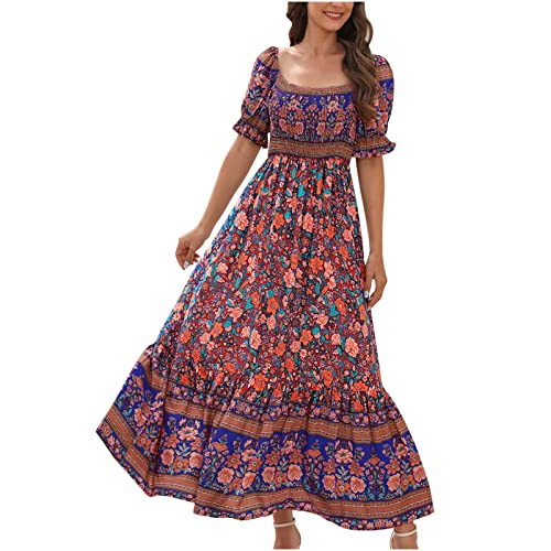 tsaChick Damen Sommerkleid Kurzarm Boho Kleid Hohe Taille U-Ausschnitt Blumen Druck Maxikleid Knöchellanges Strandkleid Freizeitkleider Halbarm Blasenförmige Ärmel Frauen Mädchen Umstandskleider von tsaChick