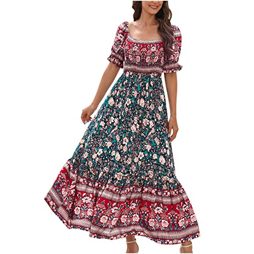 tsaChick Damen Sommerkleid Kurzarm Boho Kleid Hohe Taille U-Ausschnitt Blumen Druck Maxikleid Knöchellanges Strandkleid Freizeitkleider Halbarm Blasenförmige Ärmel Frauen Mädchen Umstandskleider von tsaChick