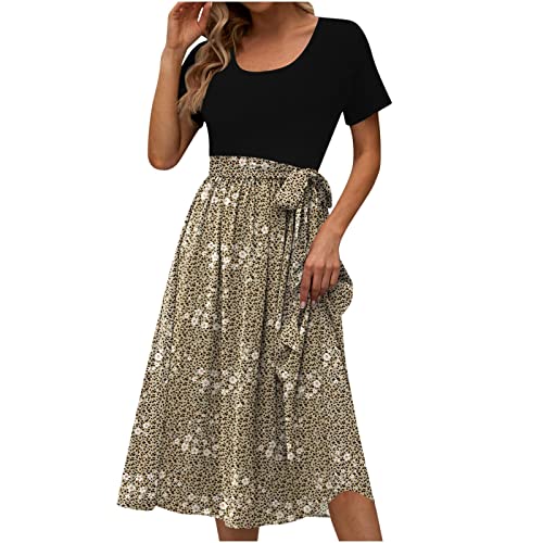 tsaChick Damen Sommerkleid Kurzarm Freizeitkleid mit Gürtel Rundhalsausschnitt Bedrucktes Blumenkleid A-Linien Kleid Streetwear Kleider Strandkleider Patchwork Shirtkleid Frauen Umstandskleider von tsaChick