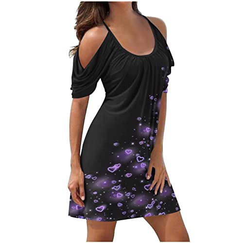 tsaChick Damen Sommerkleid Kurzarm Sling bedrucktes Freizeitkleid S-5XL Schlankes knielanges Tunikakleid kalte Schulter sexy Elegantes Partykleid Abschlussfeier Kleid Minikleid Strandkleid Frauen von tsaChick