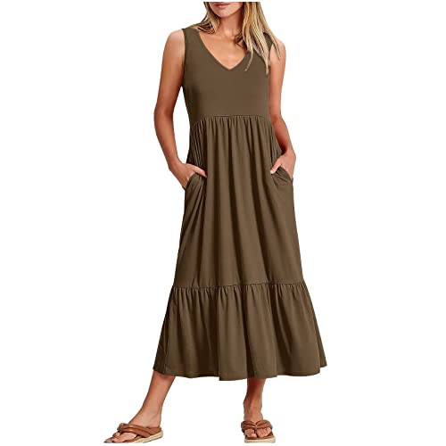 tsaChick Damen Sommerkleid Lang Ärmelloses Plissiertes Kleid mit Taschen V-Ausschnitt Tankkleid A-Linie Kleid solide wadenlang Freizeitkleid Strandkleid Sonnenkleid Frauen Mädchen Umstandskleider von tsaChick