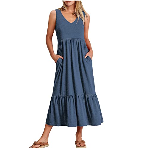 tsaChick Damen Sommerkleid Lang Ärmelloses Plissiertes Kleid mit Taschen V-Ausschnitt Tankkleid A-Linie Kleid solide wadenlang Freizeitkleid Strandkleid Sonnenkleid Frauen Mädchen Umstandskleider von tsaChick