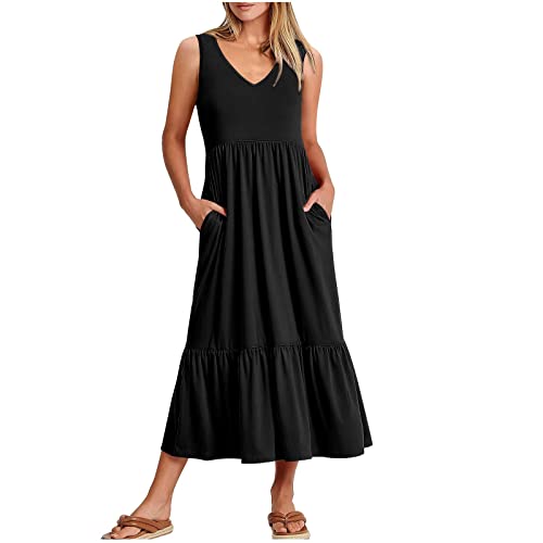 tsaChick Damen Sommerkleid Lang Ärmelloses Plissiertes Kleid mit Taschen V-Ausschnitt Tankkleid A-Linie Kleid solide wadenlang Freizeitkleid Strandkleid Sonnenkleid Frauen Mädchen Umstandskleider von tsaChick