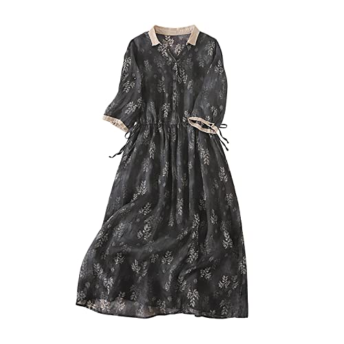 tsaChick Damen Sommerkleid Lang Halbärmliges Leinenkleid M-3XL Lose elastische Taille Revers Kurzarm Baumwolle Leinen feine Ramie Druck langes Boho Kleid Koreanische Version Maxikleid Mädchen von tsaChick