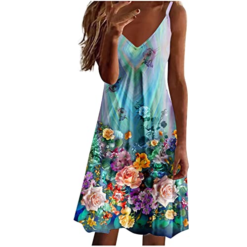 tsaChick Damen Sommerkleid Lang Halterdruck Strandkleid S-3XL äRmelloses V-Ausschnitt Knielang Tie Dye Druck Midikleid Hochtailliertes LäSsiges Neckholder Tankkleid Frauen MäDchen Umstandskleider von tsaChick