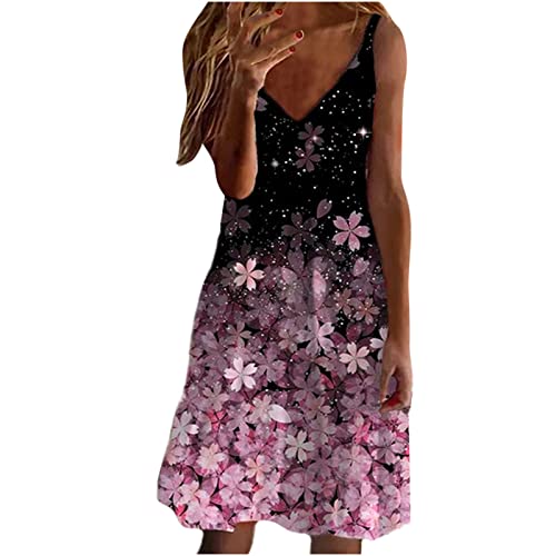 tsaChick Damen Sommerkleid Lang Halterdruck Strandkleid S-3XL äRmelloses V-Ausschnitt Knielang Tie Dye Druck Midikleid Hochtailliertes LäSsiges Neckholder Tankkleid Frauen MäDchen Umstandskleider von tsaChick