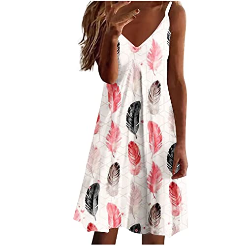 tsaChick Damen Sommerkleid Lang Halterdruck Strandkleid S-3XL äRmelloses V-Ausschnitt Knielang Tie Dye Druck Midikleid Hochtailliertes LäSsiges Neckholder Tankkleid Frauen MäDchen Umstandskleider von tsaChick