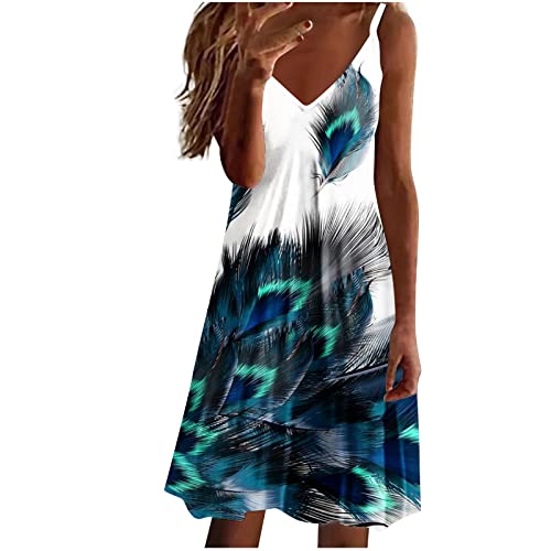 tsaChick Damen Sommerkleid Lang Halterdruck Strandkleid S-3XL äRmelloses V-Ausschnitt Knielang Tie Dye Druck Midikleid Hochtailliertes LäSsiges Neckholder Tankkleid Frauen MäDchen Umstandskleider von tsaChick