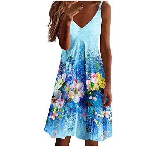 tsaChick Damen Sommerkleid Lang Halterdruck Strandkleid S-3XL äRmelloses V-Ausschnitt Knielang Tie Dye Druck Midikleid Hochtailliertes LäSsiges Neckholder Tankkleid Frauen MäDchen Umstandskleider von tsaChick