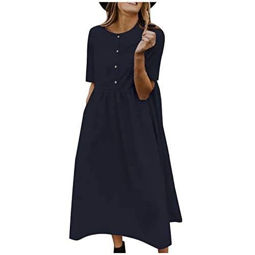 tsaChick Damen Sommerkleid Lang Kurzärmeliges Leinenkleid S-5XL Lose halbe Ärmel Rundhalsausschnitt Freizeitkleid Baumwolle Leinen einfarbig Wadenlang A-Linie Kleid Frauen MäDchen Umstandskleider von tsaChick