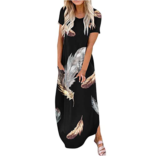 tsaChick Damen Sommerkleid Mode Kurzarm Abschlusskleid mit Taschen 2023 Rundhalsausschnitt wadenlang Freizeitkleid Strandkleid Neues schlankes böhmisches langes Kleid Frauen Mädchen Umstandskleider von tsaChick