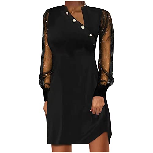 tsaChick Damen Sommerkleid Mode Mesh Langarm Partykleid S-5XL 2023 Schräger V-Ausschnitt Minikleid Abschlussballkleid Neue glänzende Druck kleine Spaltung Saum Cocktailkleid Mädchen Umstandskleider von tsaChick