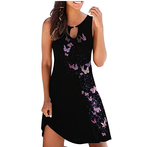 tsaChick Damen Sommerkleid Mode Westenkleid 2023 ärmelloses Rundhalsausschnitt schlankes Strandkleid S-3XL Neuer Druck Knielang A-Linie Kleid Hemdkleid Partykleid Minikleid Frauen Umstandskleider von tsaChick