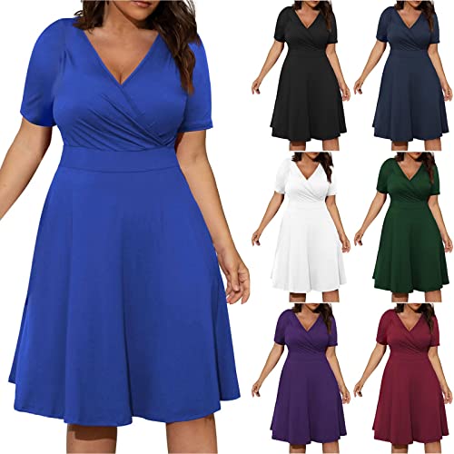 tsaChick Damen Sommerkleid üBergrößE Kleider L-5XL Hohe Taille Niedriger Schnitt Sexy Knielanges Abendkleid V-Ausschnitt KurzäRmeliges Einfarbiges Partykleid Frauen MäDchen Umstandskleider von tsaChick