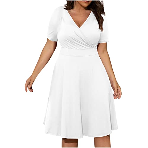 tsaChick Damen Sommerkleid üBergrößE Kleider L-5XL Hohe Taille Niedriger Schnitt Sexy Knielanges Abendkleid V-Ausschnitt KurzäRmeliges Einfarbiges Partykleid Frauen MäDchen Umstandskleider von tsaChick