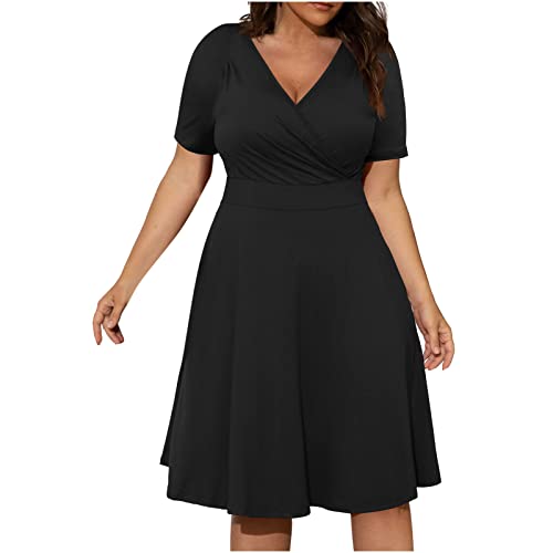 tsaChick Damen Sommerkleid üBergrößE Kleider L-5XL Hohe Taille Niedriger Schnitt Sexy Knielanges Abendkleid V-Ausschnitt KurzäRmeliges Einfarbiges Partykleid Frauen MäDchen Umstandskleider von tsaChick