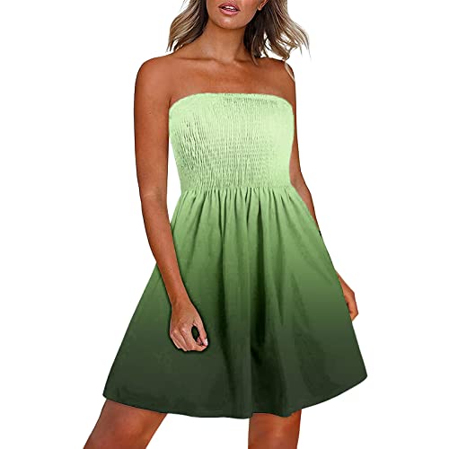 tsaChick Damen Strandkleider Schulterfrei Ärmelloses gerafft Rückseite Gesmokt Sommerkleid Off Shoulder Bandeau Boho Kleider Bikini Cover Up Strandponcho Midikleid Feder von tsaChick