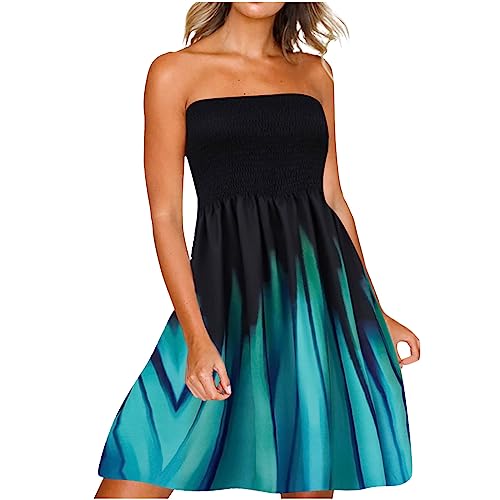 tsaChick Damen Strandkleider Schulterfrei Ärmelloses gerafft Rückseite Gesmokt Sommerkleid Off Shoulder Bandeau Boho Kleider Bikini Cover Up Strandponcho Midikleid Feder von tsaChick