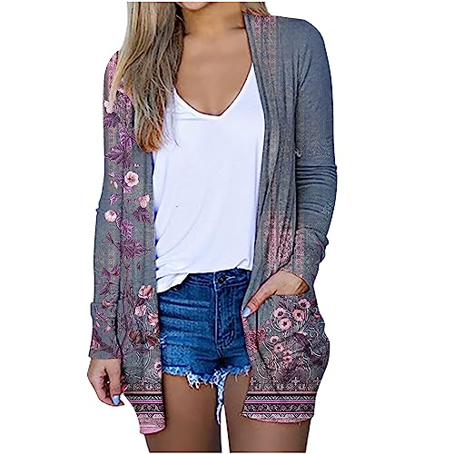 tsaChick DüNne Strickjacke Damen Mädchen Langärmelig Schulterjacke Frau Cardigan Damen Lang Schwarz Spitze Female Lang Lässig Bikini Cover Up Herbst Druck Vorne Offen mit Taschen Langarmshirt KSI40 von tsaChick
