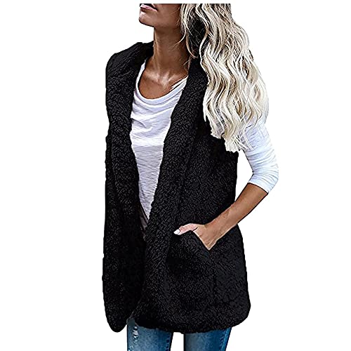 tsaChick Fleeceweste Damen Ärmellos Casual Einfarbig Teddy Fleece Herbst Winter Westen Kapuzen Mit Taschen Cardigan Jacket Warm Bequem Leicht Outwear Plüschweste Steppweste Fuzzy Fleece Mantel Coat von tsaChick