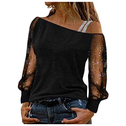 tsaChick Glitzer Oberteile Damen Damen diagonale Schulter Perspektive Ärmel Casual gedruckt Langarm Top T-Shirt Langarm diagonale Schulter Top/Shirt Glitzer Pullover Damen 34-42 von tsaChick