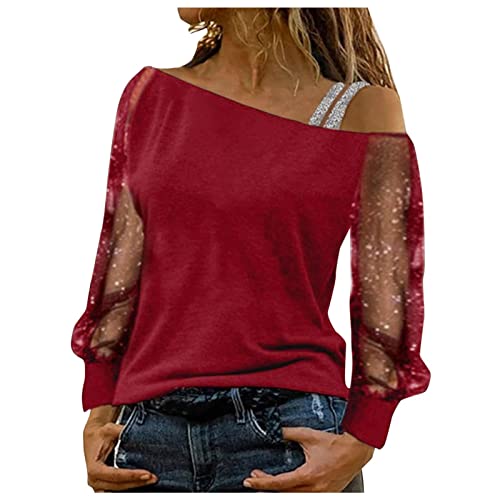 tsaChick Glitzer Outfit Damen Damen lässiges einfarbiges Mesh Patchwork diagonaler Kragen abseits der Schulter langärmeliges Top Glitzer Pullover Damen 34-42 von tsaChick