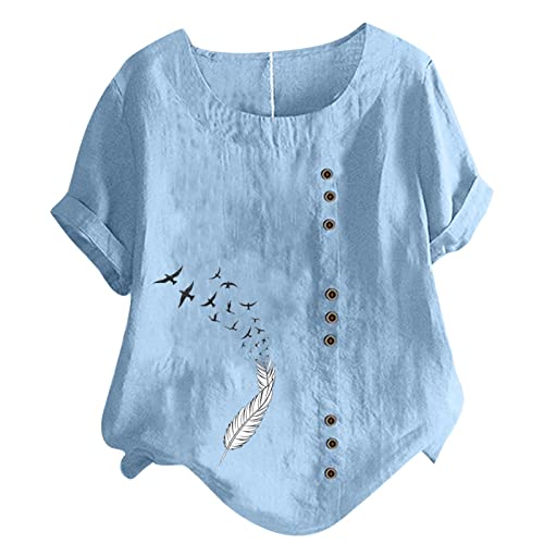tsaChick Hemd Damen Shaped Damen Kurzarm Lässig Plus Größe Rundhalsausschnitt Bedruckt Lose Knopf Baumwolle Leinen Top Spitzen Oberteile Damen Weiß Hochzeit Pullover Damen Weiß Oberteile Damen Sommer von tsaChick