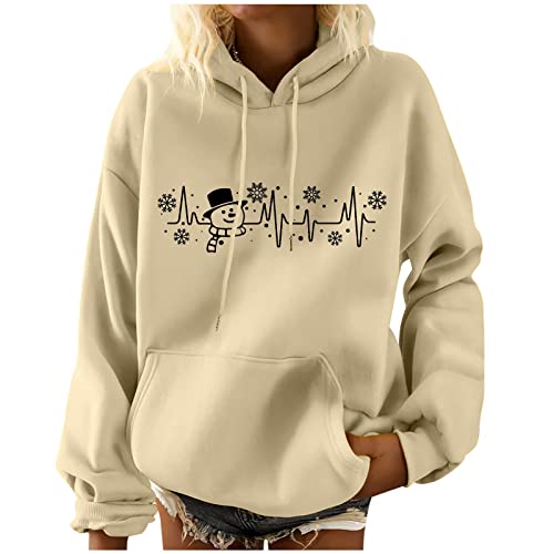 tsaChick Kapuzenpullover Damen Weihnachten 2023 Mode Druck Langarm Tasche Pullover Shirt Bluse mit Kapuze Sweatshirts Xmas2737 Beige 42 von tsaChick